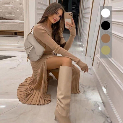 Beige knitted two-piece: long-sleeve crop top and pleated high-slit skirt