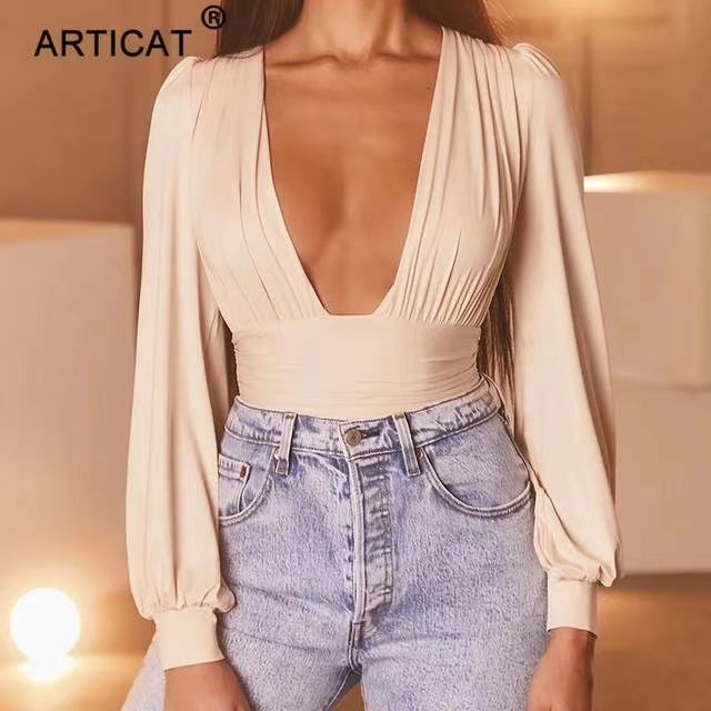 Chic Solid Plunging Neck Lantern Sleeve Bodysuit - Renee Lane Company