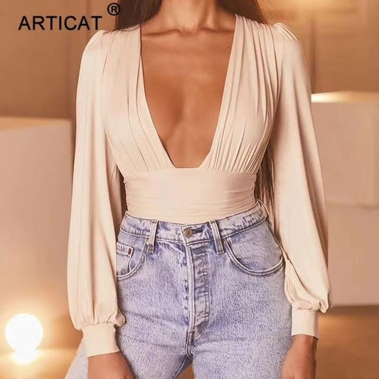 Chic Solid Plunging Neck Lantern Sleeve Bodysuit - Renee Lane Company