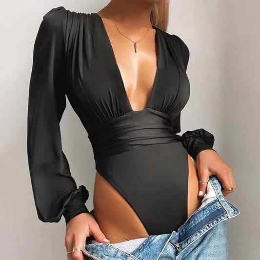 Chic Solid Plunging Neck Lantern Sleeve Bodysuit - Renee Lane Company