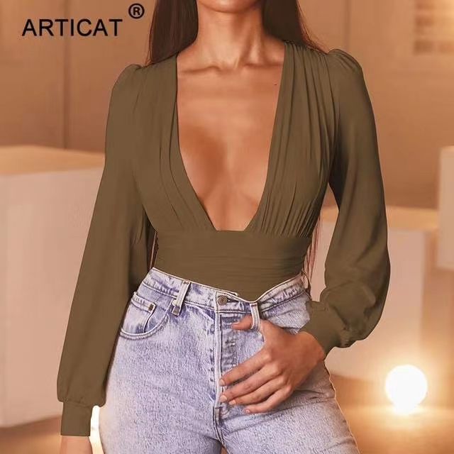 Chic Solid Plunging Neck Lantern Sleeve Bodysuit - Renee Lane Company