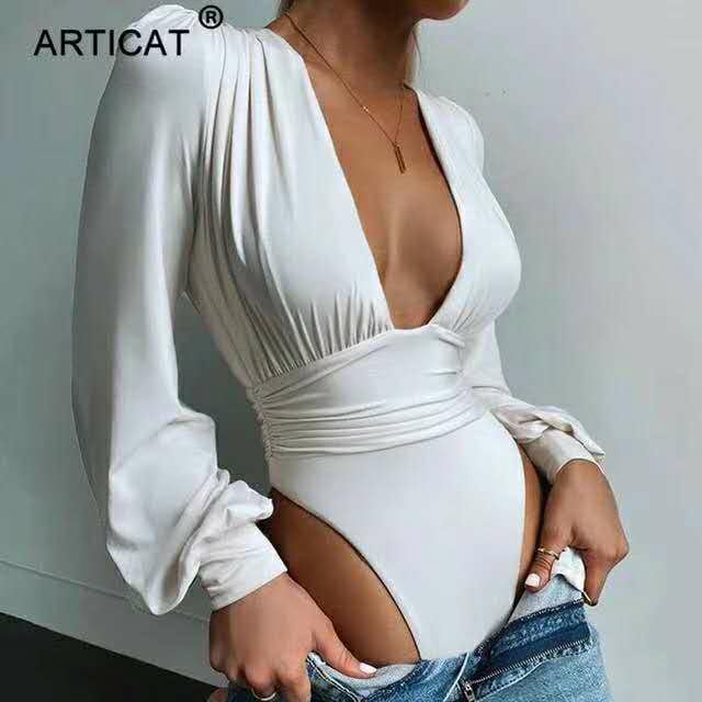 Chic Solid Plunging Neck Lantern Sleeve Bodysuit - Renee Lane Company