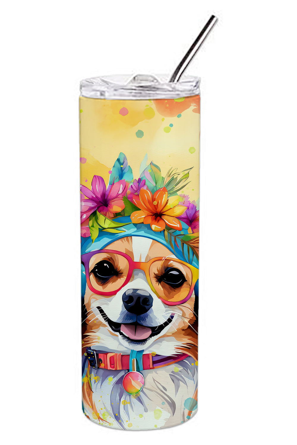Chihuahua Hippie Dawg Stainless Steel Skinny Tumbler Vacuum Double Walled Reusable Insulated Tumbler Travel Cup for Coffee Cocktails Gift with Lid, 20 oz - Renee Lane Company