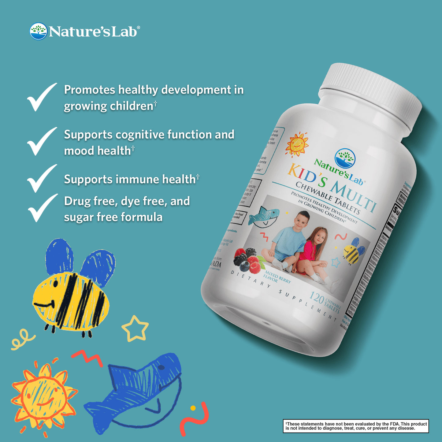 Kids Multi chewable tablets bottle with health claims and 120 count
