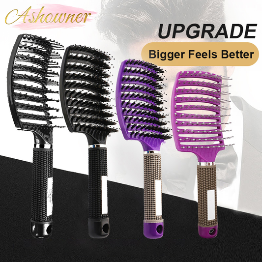 Hair massage comb set with black and purple vented brushes, textured handle grips