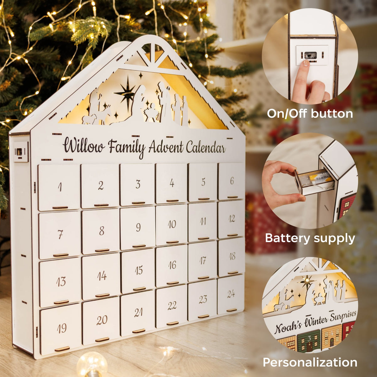 White advent calendar with 24 numbered drawers and inset feature icons diagram