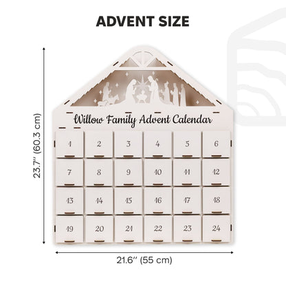 White advent calendar size diagram showing height and width with 24 numbered drawers