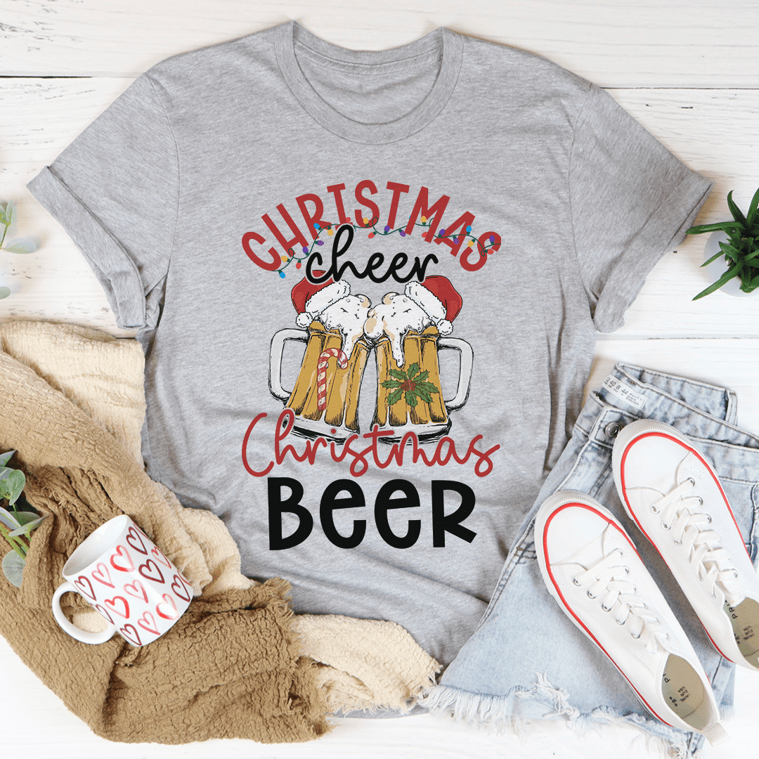 Dark gray heather Christmas beer graphic T-shirt with beer mugs and “Christmas Beer”
