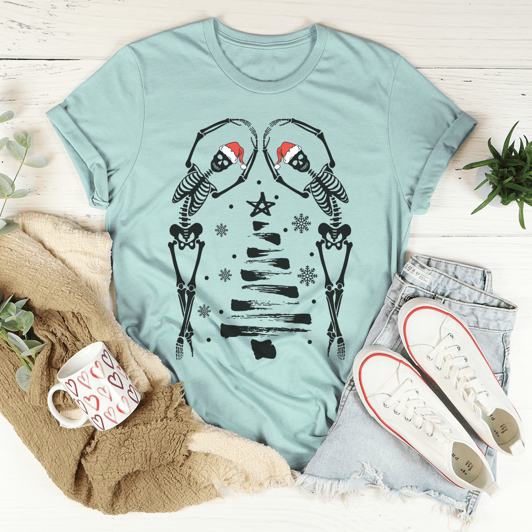 Teal T-shirt with black skeleton hands graphic and red accents, crew neck