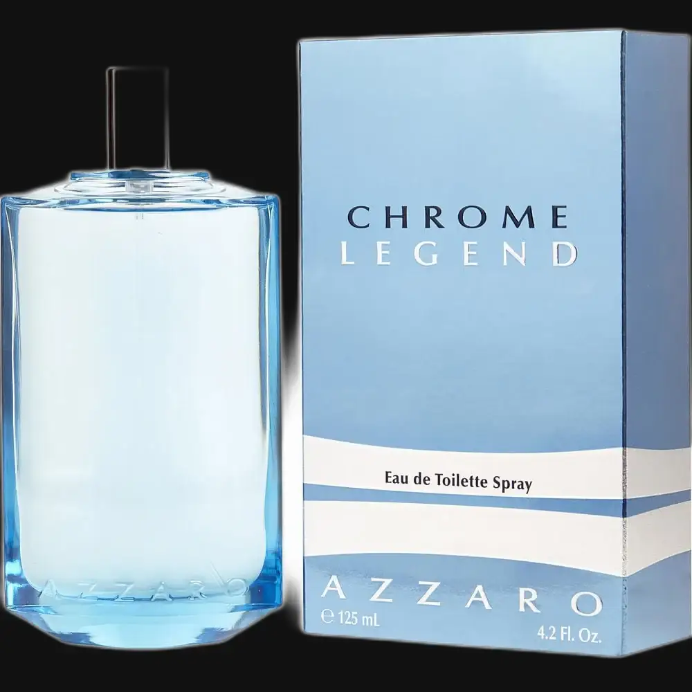 Chrome Legend by Azzaro eau de toilette spray, clear teal bottle and matching box