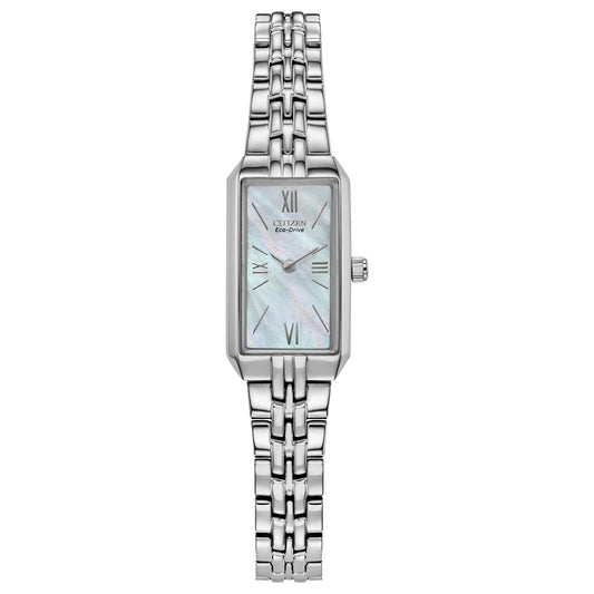 Citizen Ladies Eco-Drive Classic Dress Corso Stainless Steel Rectangle Watch with Mother-of-Pearl Dial 2-Hand Jewelry Clasp - Renee Lane Company