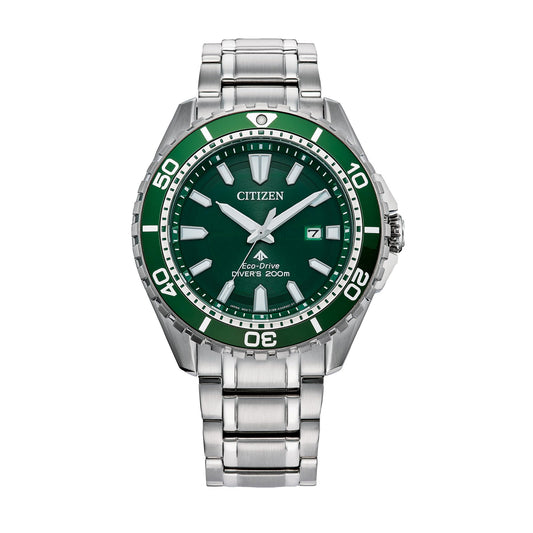 Citizen Mens Eco-Dive Promaster Dive Silver-Tone Stainless Steel Bracelet Watch Green Dial 3 Hand Date (Model: BN0199-53X) - Renee Lane Company
