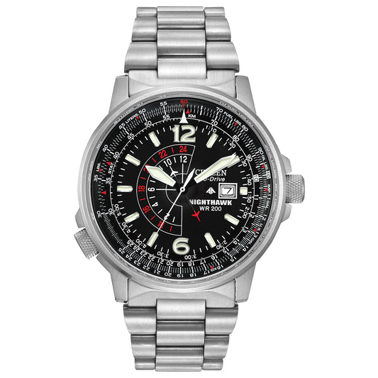 Citizen Mens Eco-Drive Promaster Air Nighthawk Pilot Stainless Steel Watch Luminous Black Dial 42mm (Model: BJ7000-52E) - Renee Lane Company