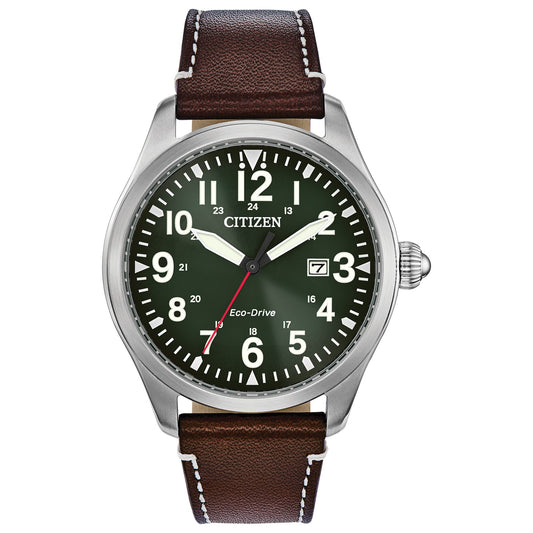 Citizen Mens Eco-Drive Weekender Garrison Field Watch in Stainless Steel with Brown Leather strap Green Dial (Model: BM6838-09X) - Renee Lane Company
