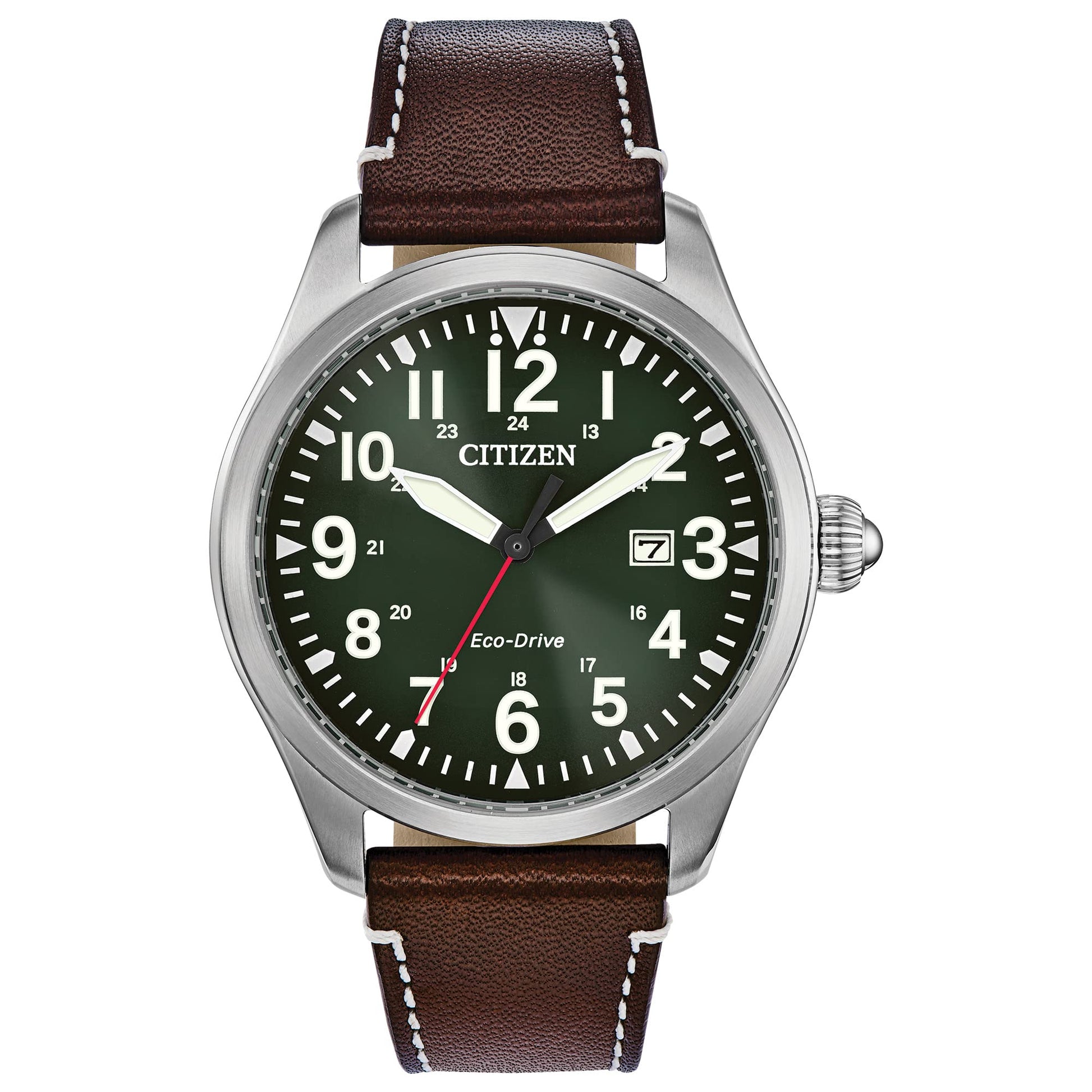 Citizen Mens Eco-Drive Weekender Garrison Field Watch in Stainless Steel with Brown Leather strap Green Dial (Model: BM6838-09X) - Renee Lane Company