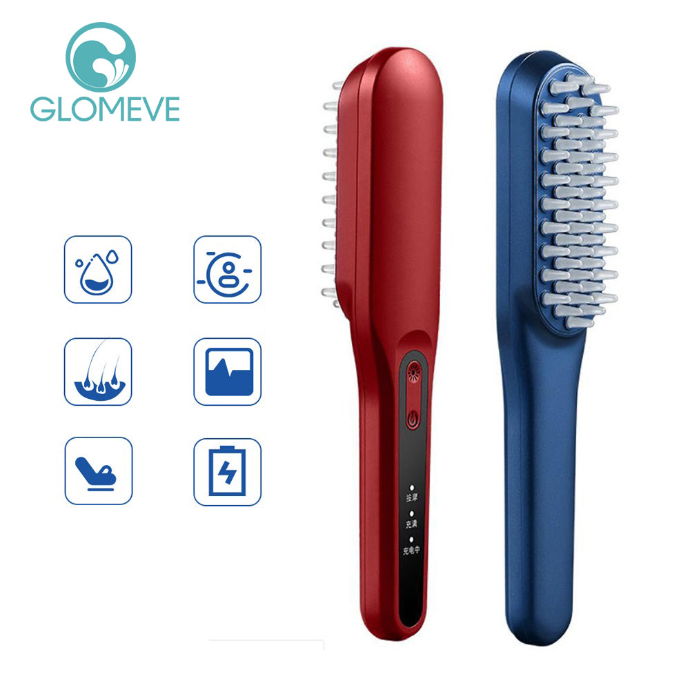Hair growth comb, red and blue handheld devices with plastic bristles