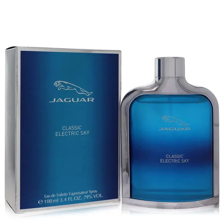 Jaguar Classic Electric Sky cologne bottle and box, blue glass with silver cap