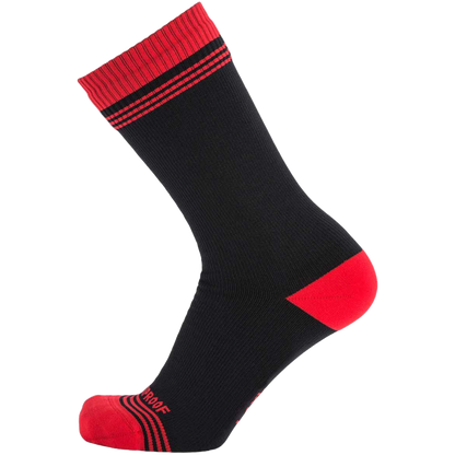 Socks in dark charcoal with red cuff stripes and red toe/heel accents