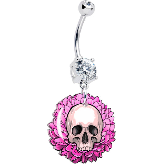 Clear Gem Blooming Pink Flower Skull Dangle Belly Ring by Onyx O - Renee Lane Company