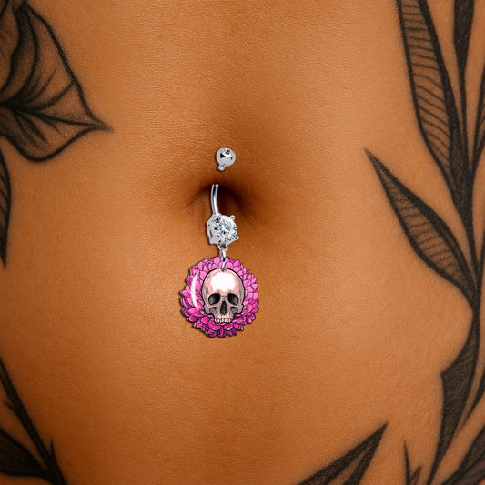 Clear Gem Blooming Pink Flower Skull Dangle Belly Ring by Onyx O - Renee Lane Company
