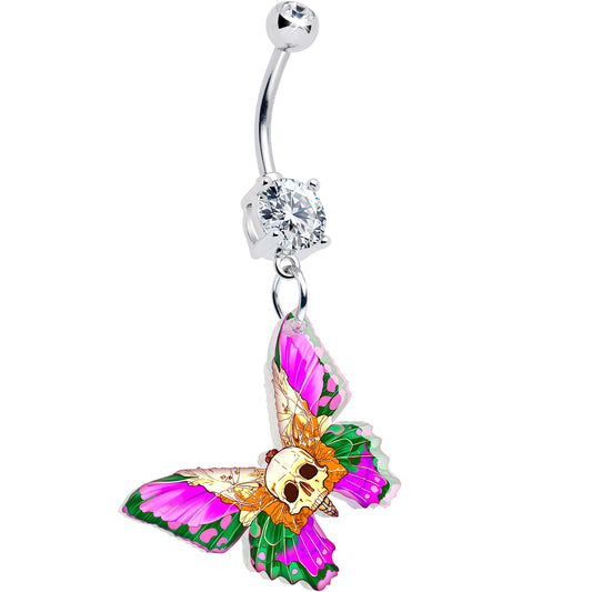 Clear Gem Butterfly Skull Dangle Belly Ring by Onyx O - Renee Lane Company