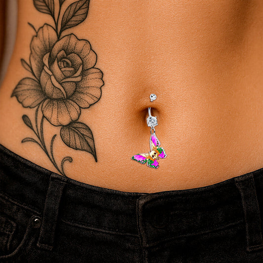 Clear Gem Butterfly Skull Dangle Belly Ring by Onyx O - Renee Lane Company