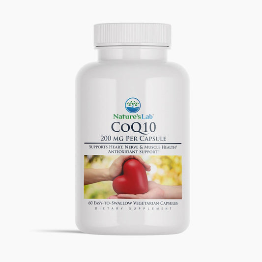CoQ10 supplement bottle with white cap; label shows 200 mg per capsule, 60 capsules
