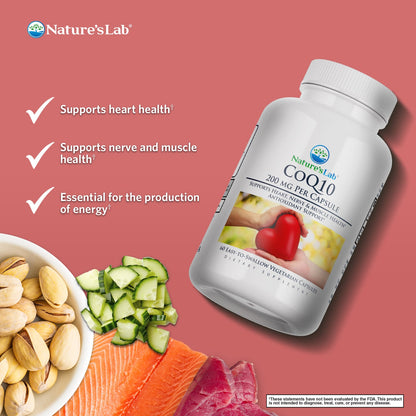CoQ10 bottle with white cap; label shows 200 mg per capsule, vegetarian capsules