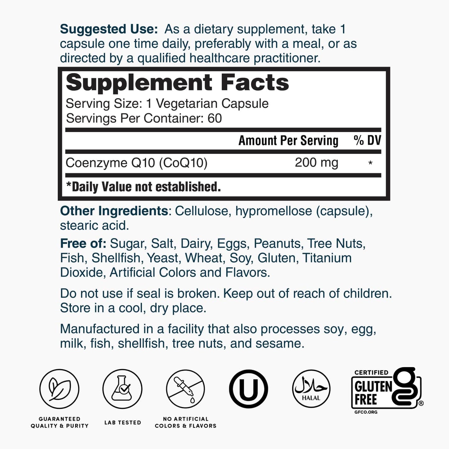 Supplement Facts label for CoQ10 200 mg; 1 vegetarian capsule, 60 servings