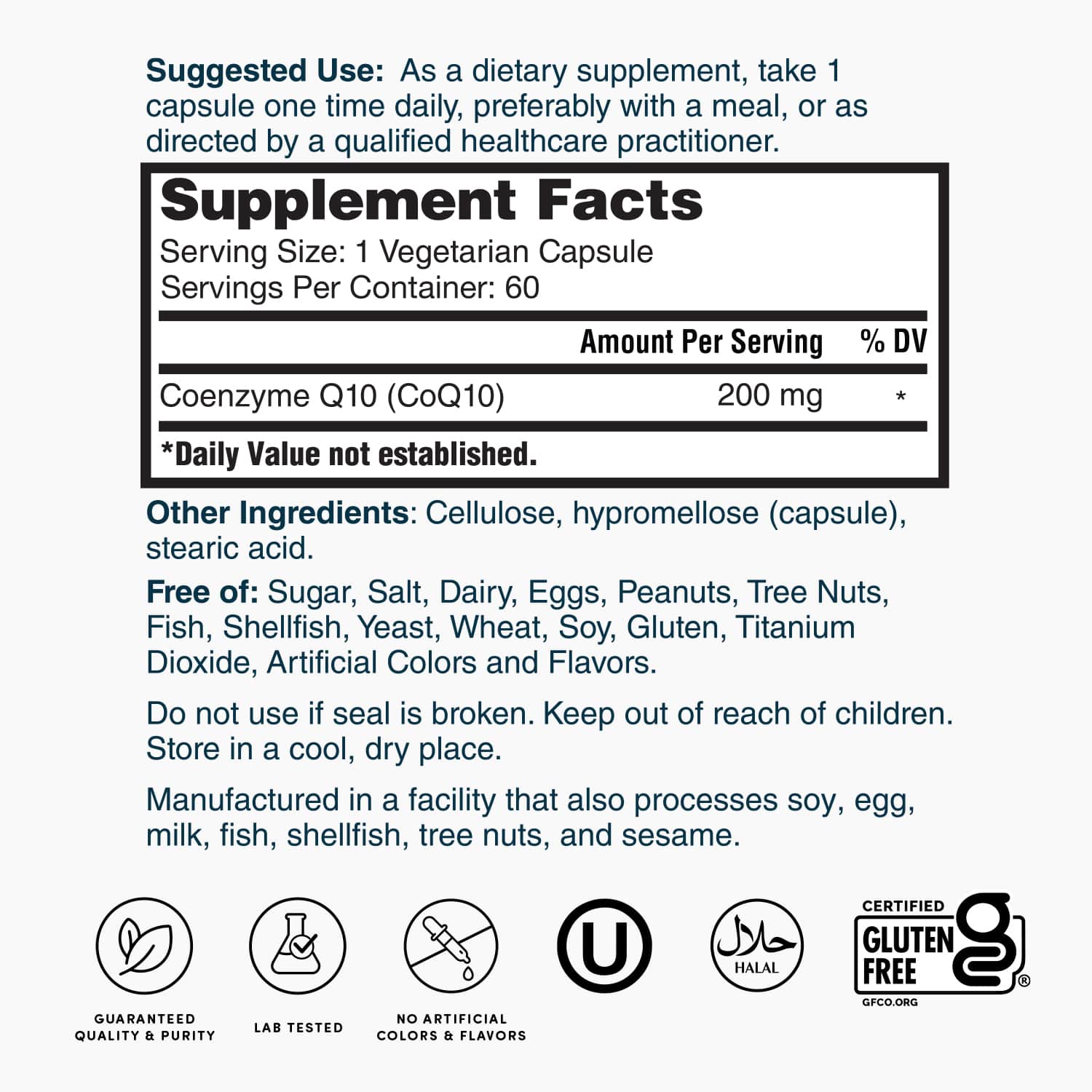 Supplement Facts label for CoQ10 200 mg; 1 vegetarian capsule, 60 servings