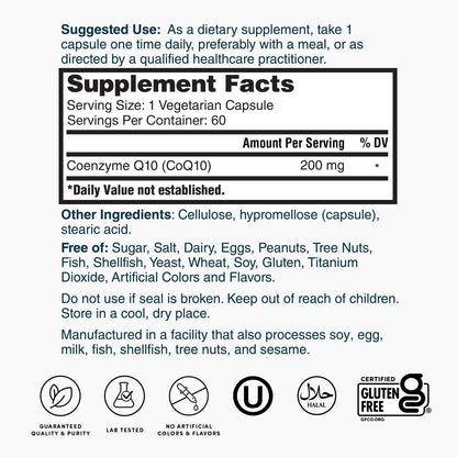 Supplement Facts label for CoQ10 200 mg; 1 vegetarian capsule, 60 servings