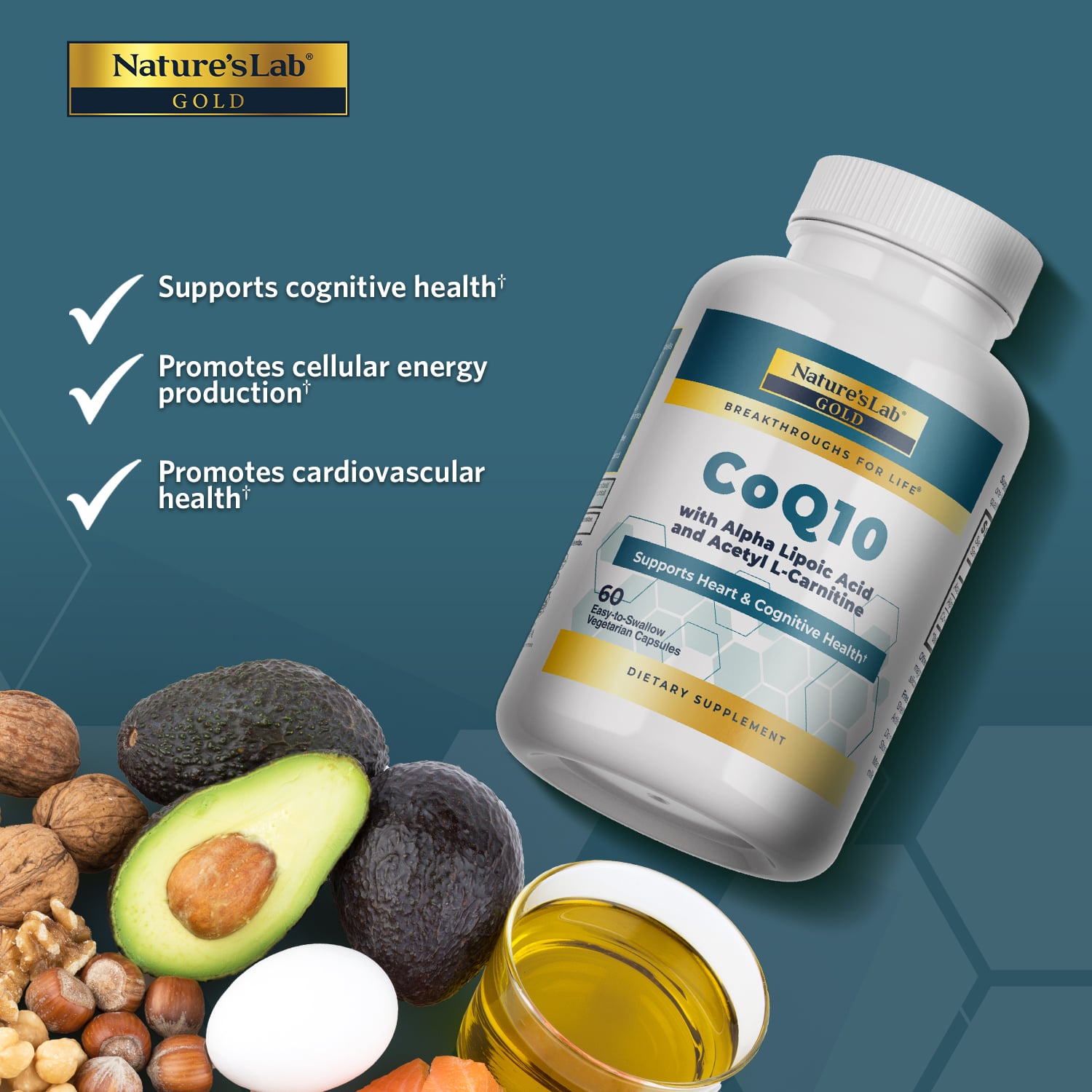 CoQ10 and Alpha Lipoic Acid supplement bottle with white cap and blue label