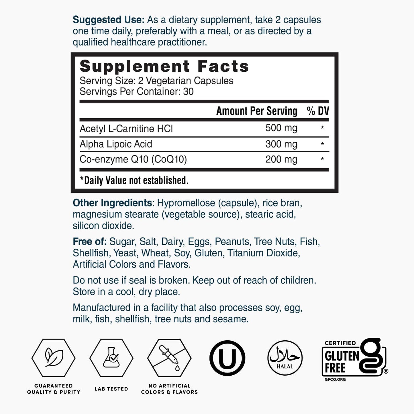 Supplement facts label with serving size and ingredient list on a supplement container