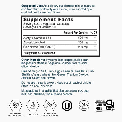 Supplement facts label with serving size and ingredient list on a supplement container