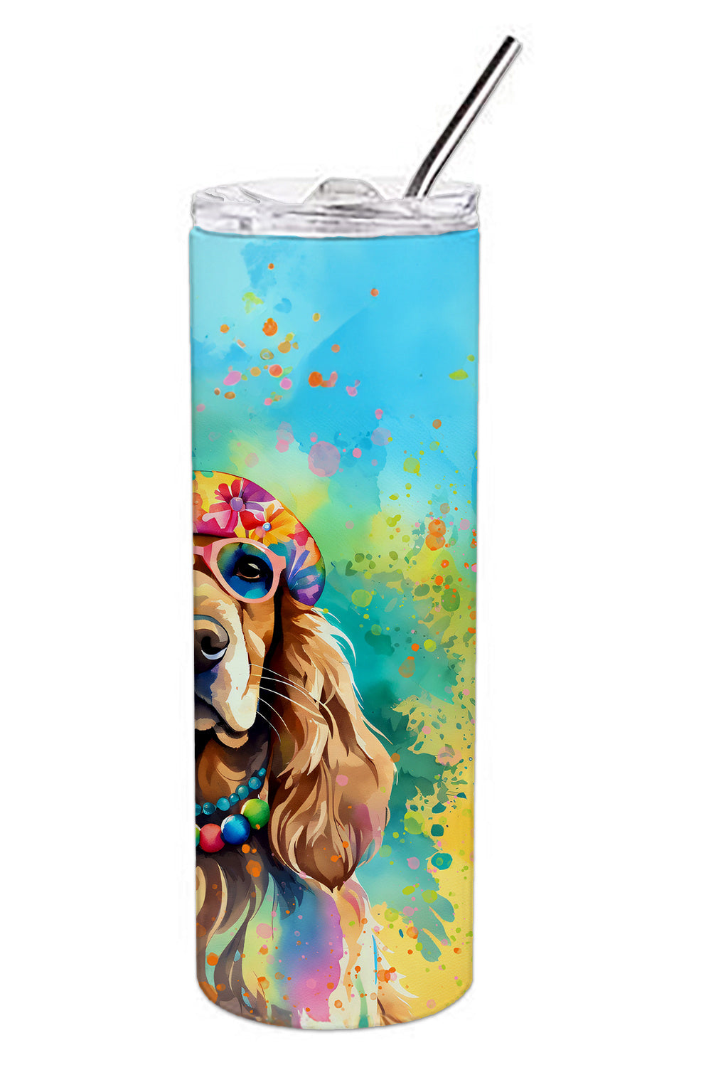 Cocker Spaniel Hippie Dawg Stainless Steel Skinny Tumbler Vacuum Double Walled Reusable Insulated Tumbler Travel Cup for Coffee Cocktails Gift with Lid, 20 oz - Renee Lane Company