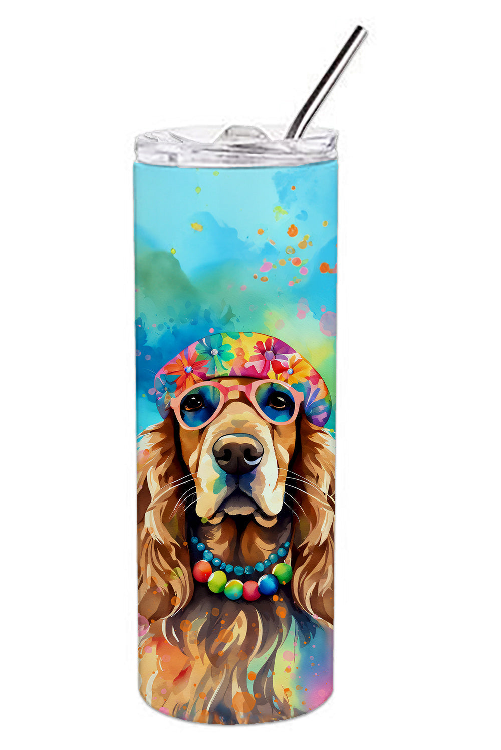 Cocker Spaniel Hippie Dawg Stainless Steel Skinny Tumbler Vacuum Double Walled Reusable Insulated Tumbler Travel Cup for Coffee Cocktails Gift with Lid, 20 oz - Renee Lane Company