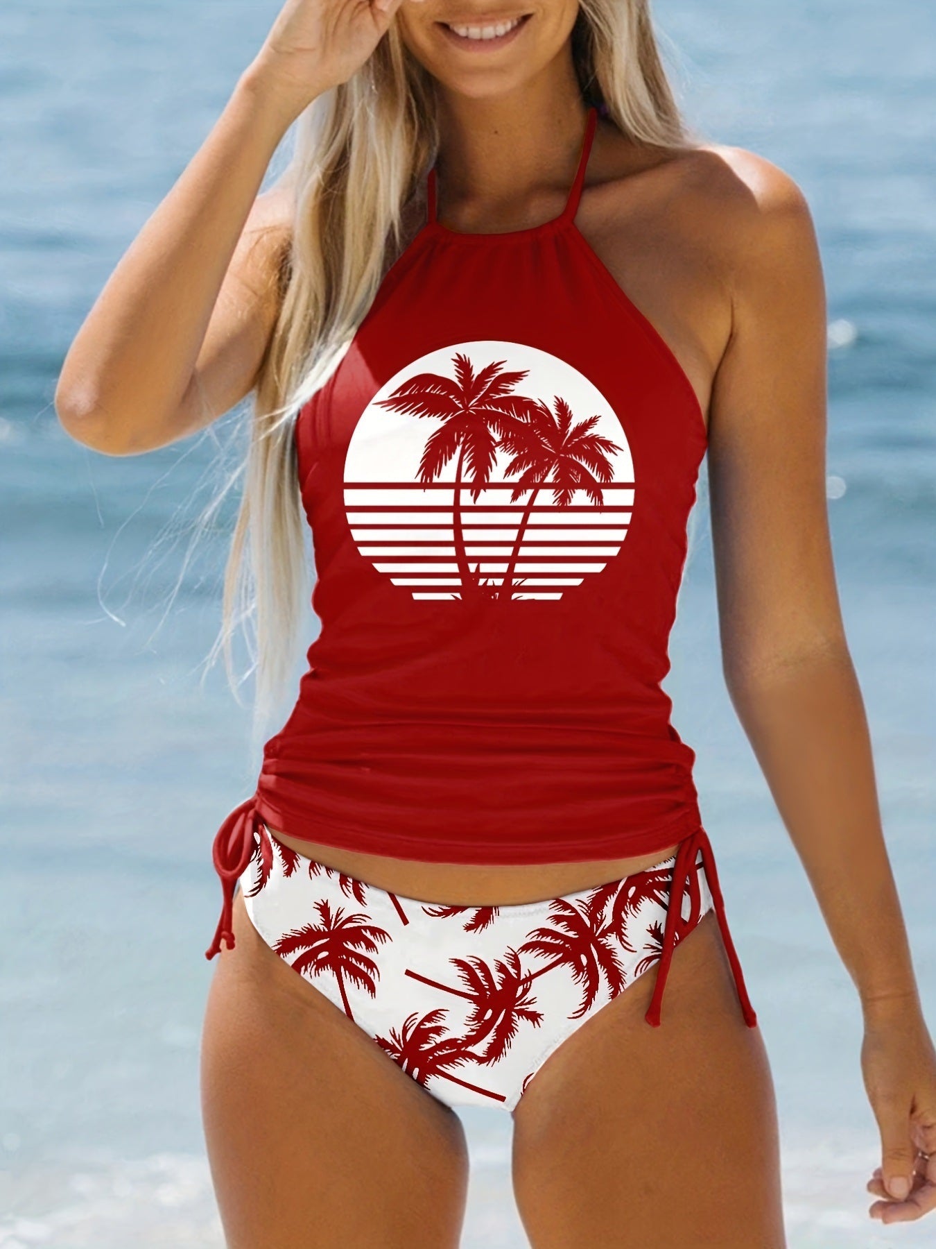 Coconut Tree Sunset Pattern Drawstring 2 Piece Set Swimsuit, Halter Tie Neck Backless Stretchy Low Waist Bathing Suit For Beach Pool, Women's Swimwear & Clothing - Renee Lane Company