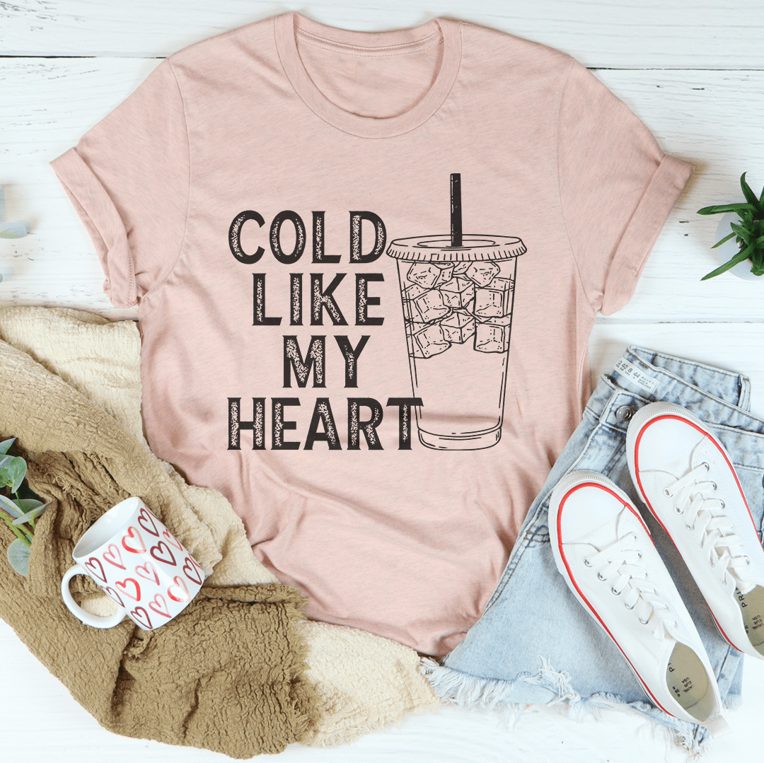 Blush crewneck T-shirt featuring 'Cold Like My Heart' iced drink illustration