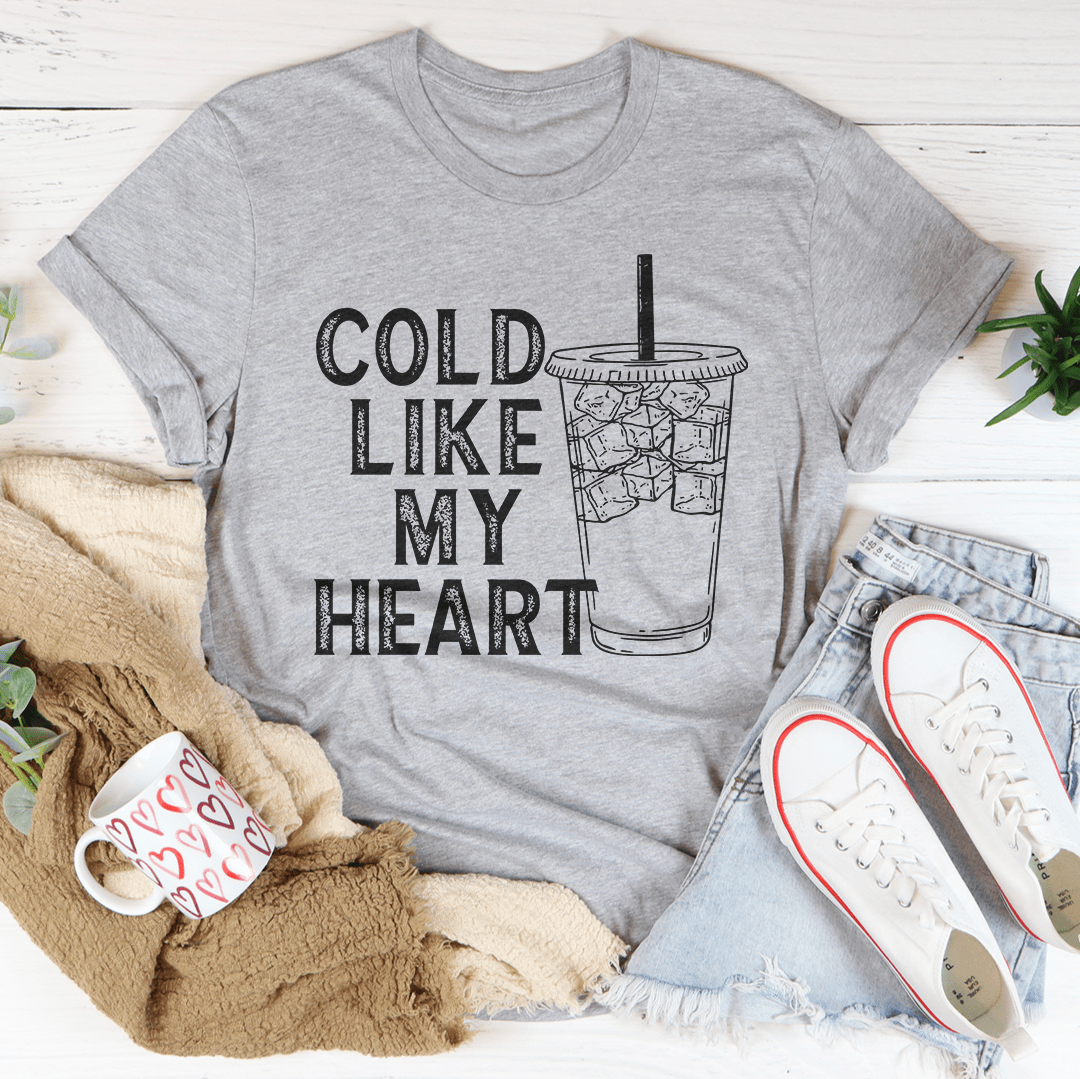 Heather gray crewneck T-shirt with “COLD LIKE MY HEART” iced drink graphic