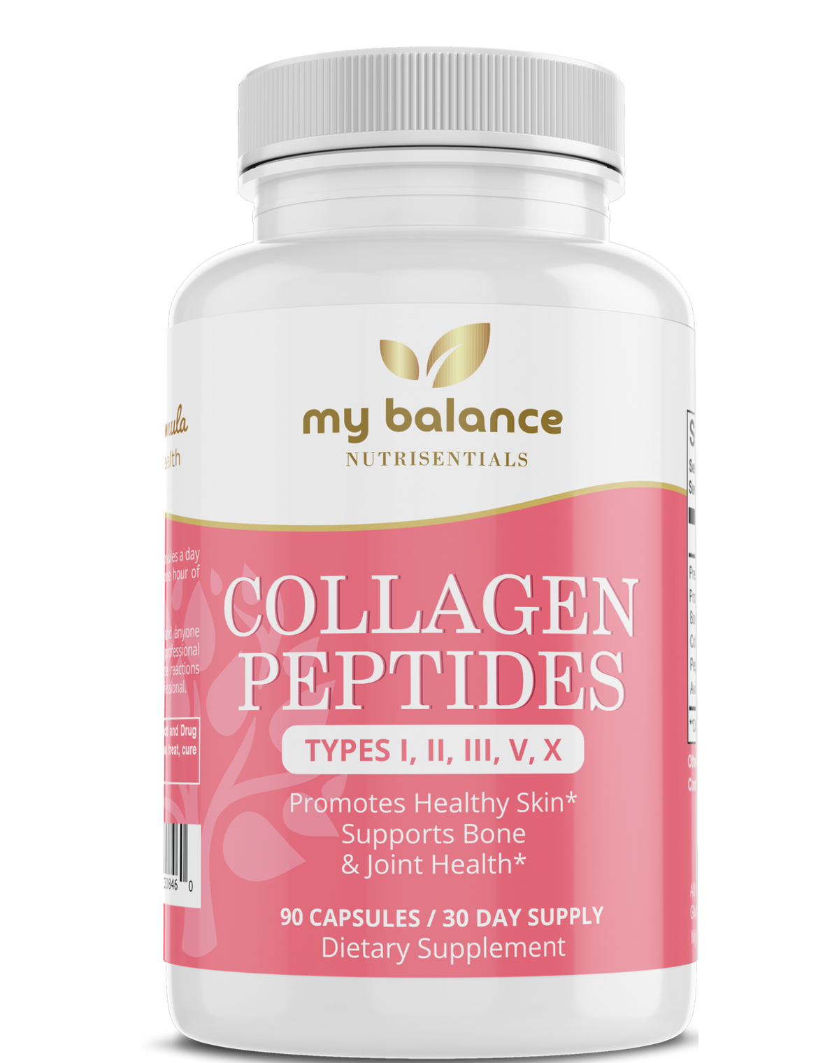 Collagen peptides supplement bottle with white cap and pink label, 90 capsules
