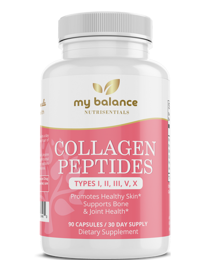 Collagen peptides supplement bottle with white cap and pink label, 90 capsules