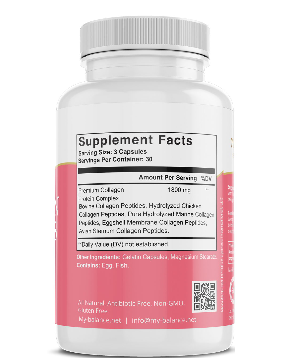 Collagen peptides supplement bottle back label with Supplement Facts and QR code