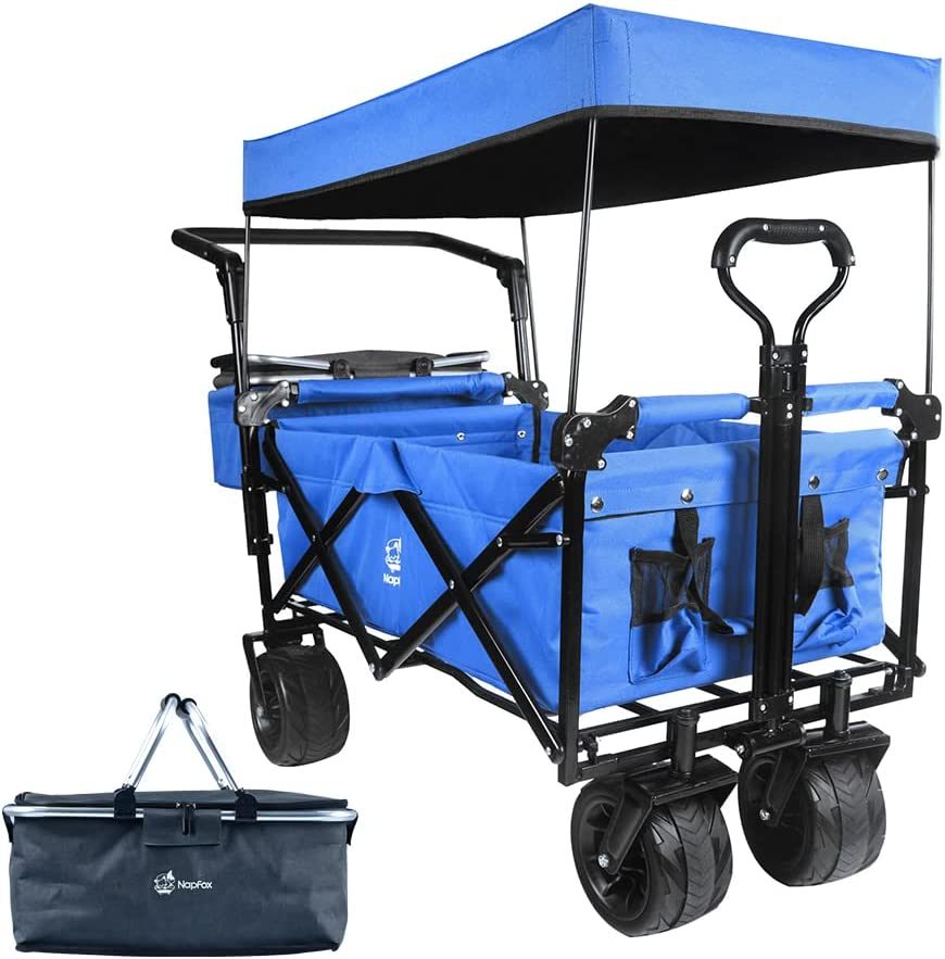Collapsible Wagon Heavy Duty Folding Wagon Cart with Removable Canopy, 4" Wide Large All Terrain Wheels, Brake, Adjustable Handles,Cooler Bag Utility Carts for Outdoor Garden Beach - Renee Lane Company