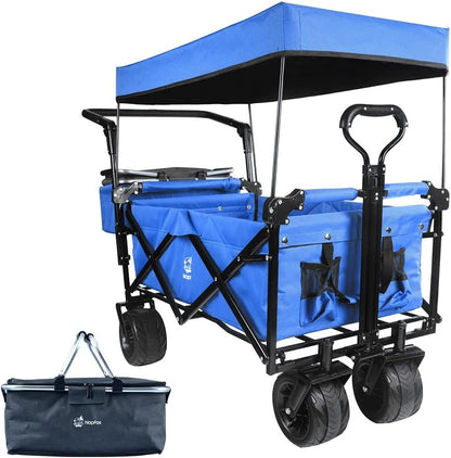 Collapsible Wagon Heavy Duty Folding Wagon Cart with Removable Canopy, 4" Wide Large All Terrain Wheels, Brake, Adjustable Handles,Cooler Bag Utility Carts for Outdoor Garden Beach - Renee Lane Company