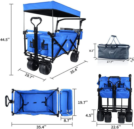 Collapsible Wagon Heavy Duty Folding Wagon Cart with Removable Canopy, 4" Wide Large All Terrain Wheels, Brake, Adjustable Handles,Cooler Bag Utility Carts for Outdoor Garden Beach - Renee Lane Company