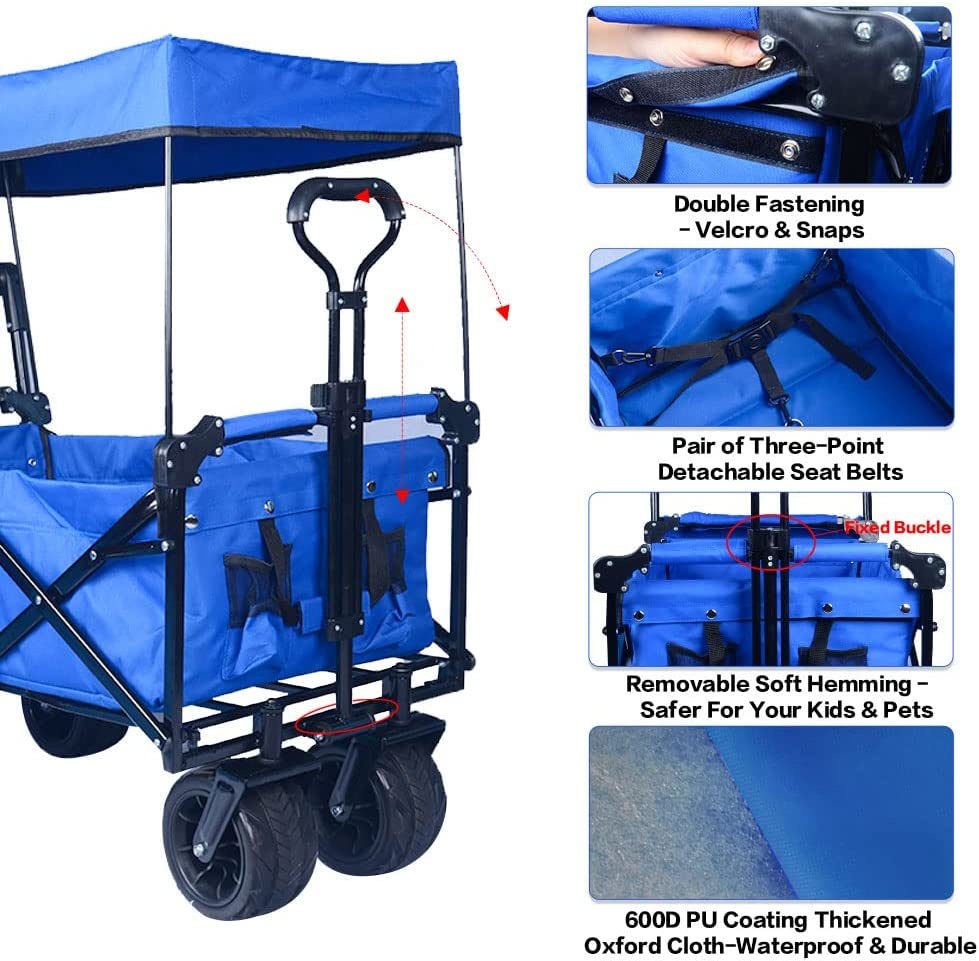 Collapsible Wagon Heavy Duty Folding Wagon Cart with Removable Canopy, 4" Wide Large All Terrain Wheels, Brake, Adjustable Handles,Cooler Bag Utility Carts for Outdoor Garden Beach - Renee Lane Company