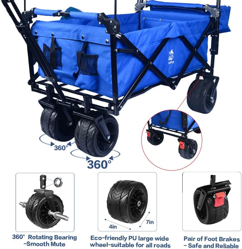Collapsible Wagon Heavy Duty Folding Wagon Cart with Removable Canopy, 4" Wide Large All Terrain Wheels, Brake, Adjustable Handles,Cooler Bag Utility Carts for Outdoor Garden Beach - Renee Lane Company