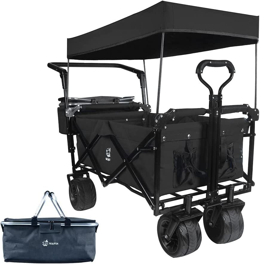Collapsible Wagon Heavy Duty Folding Wagon Cart with Removable Canopy, 4" Wide Large All Terrain Wheels, Brake, Adjustable Handles,Cooler Bag Utility Carts for Outdoor Garden Beach - Renee Lane Company