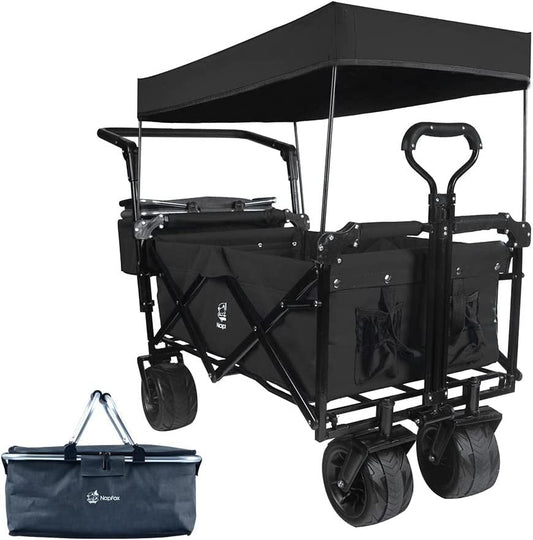 Collapsible Wagon Heavy Duty Folding Wagon Cart with Removable Canopy, 4" Wide Large All Terrain Wheels, Brake, Adjustable Handles,Cooler Bag Utility Carts for Outdoor Garden Beach - Renee Lane Company