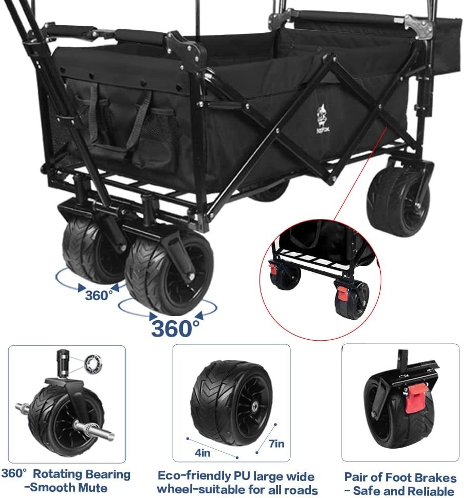 Collapsible Wagon Heavy Duty Folding Wagon Cart with Removable Canopy, 4" Wide Large All Terrain Wheels, Brake, Adjustable Handles,Cooler Bag Utility Carts for Outdoor Garden Beach - Renee Lane Company